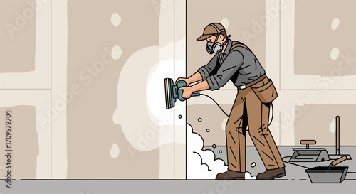 Drywall sanding performed by construction worker wearing mask and cap in interior. Drywall sanding flattens the surface and prepares wall for painting.