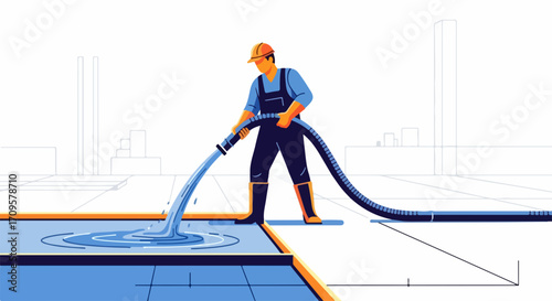Working with hose, man pours water from hose on cement surface during industrial work. Working with hose illustration, man in uniform engaged in irrigation and cement washing,
