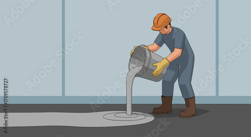 Worker pouring concrete on floor in an industrial setting. Worker pouring concrete from metal bucket illustrates construction and renovation.