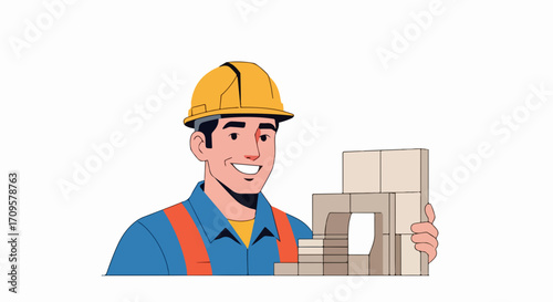 Construction worker smiling holding building blocks wearing hard hat, construction worker carefully arranges blocks showcasing construction skill, precision arrangement enhances trust,