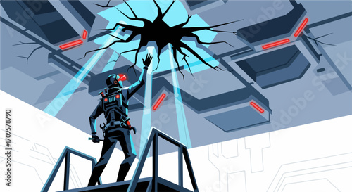 Escape concept showing damaged ceiling and silhouette figure climbing. Silhouette figure of person escaping through ceiling. Symbolic escape concept representing new opportunity.