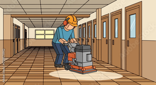 Worker sanding floor in hallway, applying finishing touches to smooth surface. Sanding floor includes operator wearing safety gear and hard hat, working in corridor with doors.