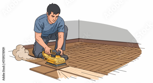 Floor sanding, sanding floors to refinish worn parquet. Floor sanding restores appearance, removing old varnish and marks.