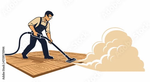 Vacuum cleaning makes floor spotless, showing cleaning process with large machine, and dust cloud. Professional vacuum cleaning ensures hygiene and cleanliness, dust free home.