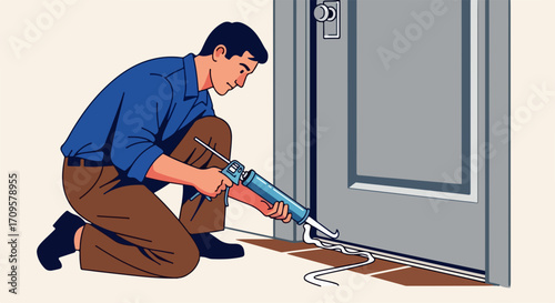 Illustration showing weatherization with man sealing door. Weatherization job by sealing door draft with caulking gun, energy conservation for home.
