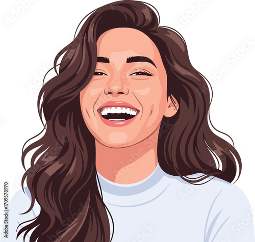 Joyful woman with a radiant smile and dimples, expressing happiness.