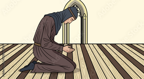 Muslim praying in mosque with traditional attire on striped carpet. Muslim praying person seeking peace. Person engaged in Muslim praying in spiritual and religious devotion in the Middle East.