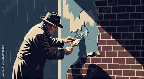 Scene displays Crime investigation, with detective examining a wall. Focused crime investigation involves finding clues on damaged brick. Detailed crime investigation uncovers leads for justice.