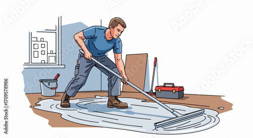 Floor leveling in room under renovation. Man using tool for floor leveling, applying self leveling compound across surface. Floor leveling as part of construction work ensures perfect finish,