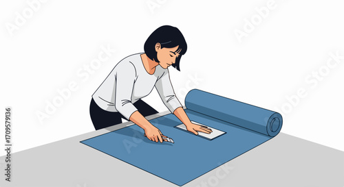 Woman cutting material for craft project on flat surface, using ruler and utility knife. Craft project requires precision, patience, and appropriate equipment to cut material.