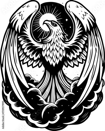 SVG tattoo design inspired by traditional Japanese Irezumi (Wabori) style. Majestic Phoenix Rising Above Clouds in Black and White Illustration