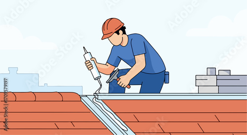 Roofing repair showing construction worker applying sealant to flashing with caulking gun.