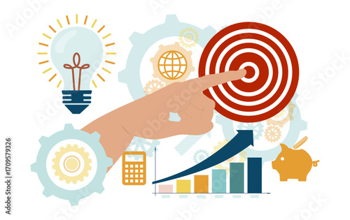 Vector illustration of a hand pointing at a target surrounded by symbols of innovation, financial growth, and analytics, including a light bulb, gears, a globe, and a bar graph.