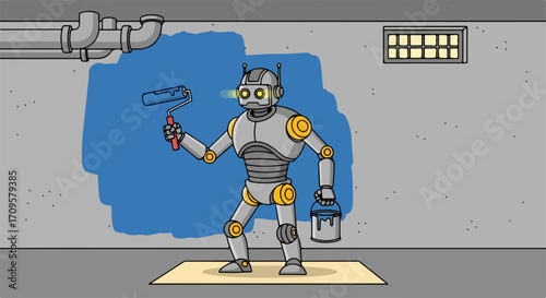 Cartoon illustration of robot painting wall in blue with paint roller. Robot painting wall for home improvement adds whimsical touch to any room.