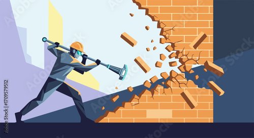 Demolition work on brick wall with manual tool for construction site, demolition work, and manual renovation project. Demolition process shown with worker in helmet, mask,