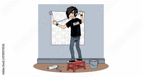 Wallpaper installation shows an emo man applying wallpaper on wall, he is doing wallpaper installation. Wallpaper installation includes equipment and material, bucket and roller.