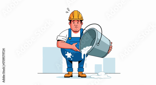 Construction worker error, depicting tradesman in blue overalls clumsily spilling liquid from bucket. Worker error reveals lack of skill and mistakes made, highlighting challenges of manual labor.