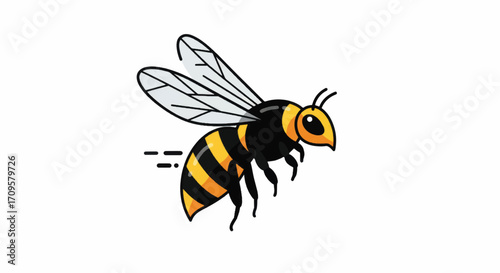 A stylized illustration of a bee in flight with black and yellow stripes and transparent wings.