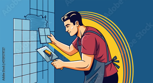 Tiling job demonstrates handyman applying tiles to wall with adhesive for interior renovation, tiling job demands great skills. Professional worker performs this tiling job in bathroom,