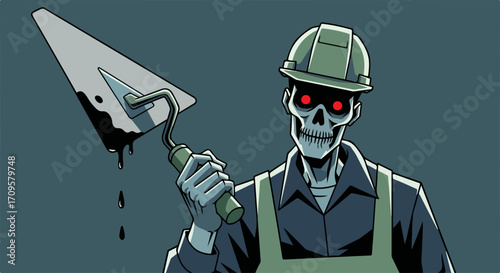Spooky skeleton construction worker holding a dripping trowel: Spooky skeleton construction worker, a grim reaper of construction, is holding construction tool and drips dark fluid.