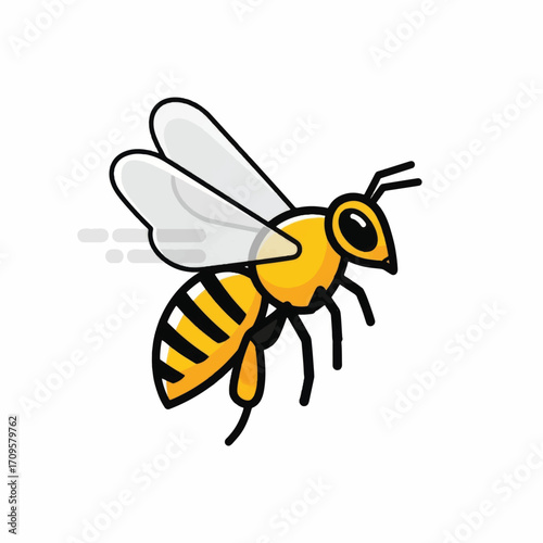 A cute cartoon bee flying with its wings spread wide and body detailed with yellow and black stripes.