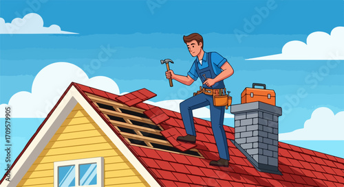 Cartoon roofer repairs red roof with hammer against sunny sky. Roofing worker secures shingles, demonstrating cartoon roofer skills and home maintenance.