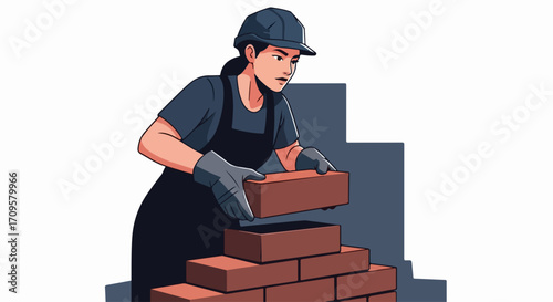 Woman construction worker builds brick wall, brick wall using bricks with attention to detail.