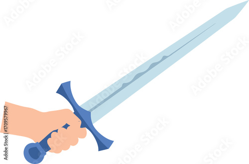 Hand firmly grips a gleaming medieval sword, ready for battle or protection.