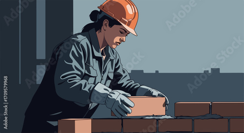 Female construction worker sets bricks. Female construction worker is laying bricks on a wall with precision and care.