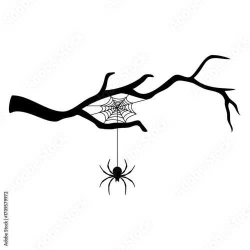 Logo con tela de araña y araña colgando de una rama de árbol para felicitaciones y tarjetas de Halloween