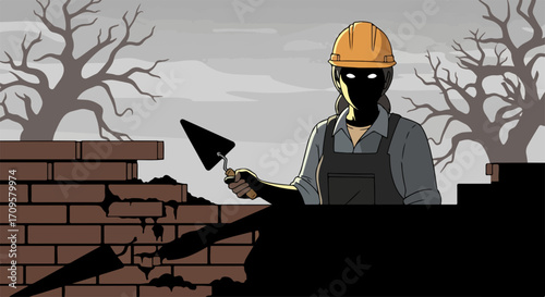 Construction worker building brick wall with orange hardhat, masonry concept. Construction worker is carefully laying bricks, showcasing expertise in wall construction with careful precision.