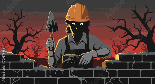 Bricklayer worker building brick wall in front of a fiery red sunset backdrop, emphasizing dedicated worker labor, masonry skills, and construction expertise.