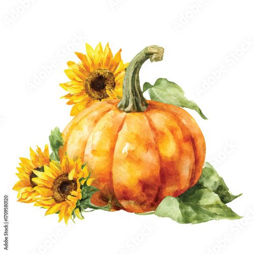 Watercolor Pumpkin with Sunflowers on White Background
