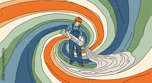 Painting illustration of man using a tube of paint, depicting color wheel, painter in overalls, and a hard hat. Illustration shows man using paint tube on background,