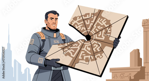 Man holding city map unfolds its sections, revealing detailed urban plan. City map details intricate layout. Man holding city map in front of ancient ruins for adventure, exploration.