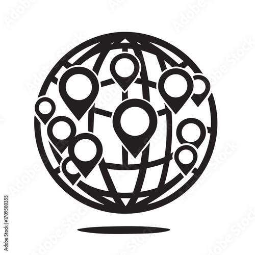 Stylized black and white illustration of a globe with multiple location pins marking various points around the world