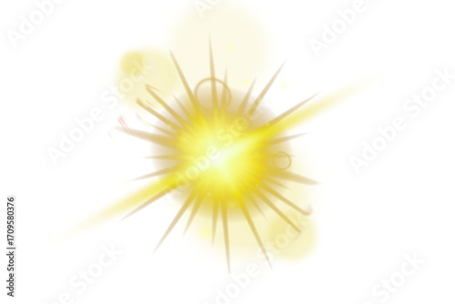 PNG sunlight special lens flare light effect. Stock royalty free. Bright shine with lens flare and golden rays. Vibrant black light effect for summer sky design. Isolated png