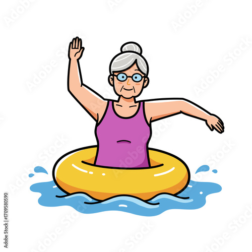 Senior woman waving while floating in a pool with a yellow float  
