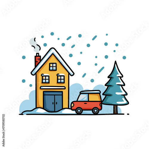 Cozy yellow house with red car in winter snowstorm scene  