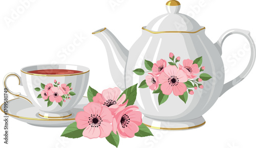 Elegant white porcelain teapot and cup adorned with delicate pink floral design and gold trim, ready for a charming tea time.