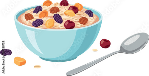 Nutritious and delicious bowl of oatmeal topped with dried fruits and berries, served with a spoon for a healthy breakfast.