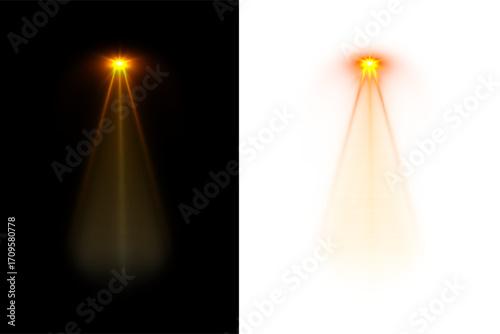 spotlight stage spotlight, explosion of light on black. PNG sunlight and glowing sunbeam. Bright shine with lens flare and golden rays. Vibrant black light effect for summer sky design. Isolated png