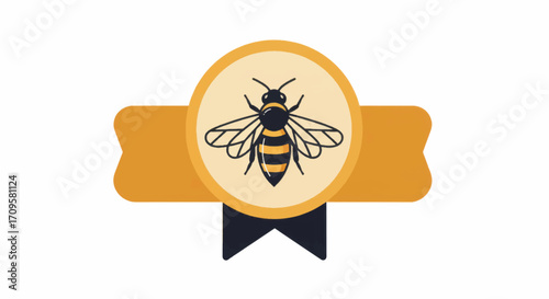 Honey bee logo design on a circular emblem with ribbon banner.