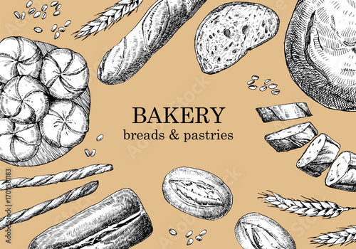 Bakery products. Bakery design template. Hand-drawn illustration of Bred. Ink. Vector	