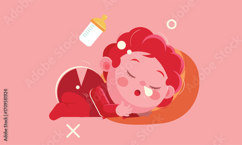 Flat design illustration of a baby sleeping peacefully and dreaming, surrounded by soft, calming elements, symbolizing rest, innocence, and tranquility in a minimalist style.