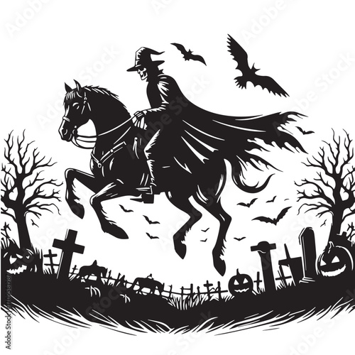 Black Headless Horseman Silhouette Vector Illustration design, Solid White Background