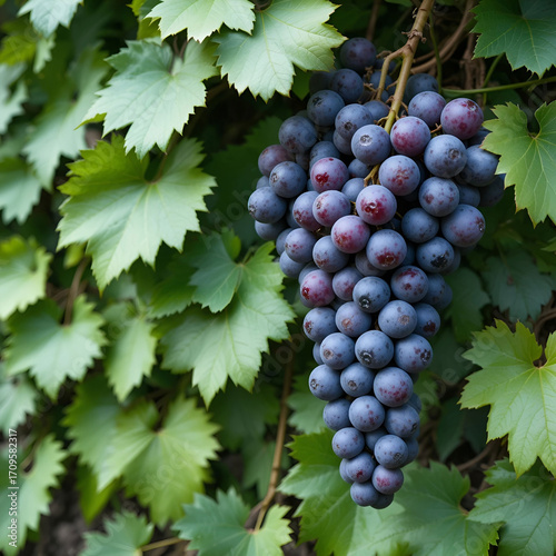 Clusters of wild grapes growing alongside lush green leaves, creating a natural wall-like background.