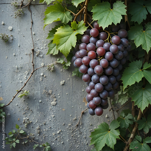 Clusters of wild grapes growing alongside lush green leaves, creating a natural wall-like background.