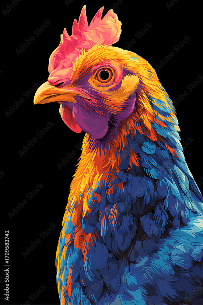 Fototapeta premium Vibrant close-up of a colorful rooster with striking feathers against a black background