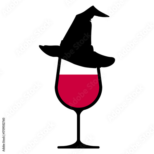 Logo con copa de vino con sombrero de bruja para tarjetas y felicitaciones de Halloween 